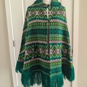 Vintage Green and Black Patterned Fringe Poncho